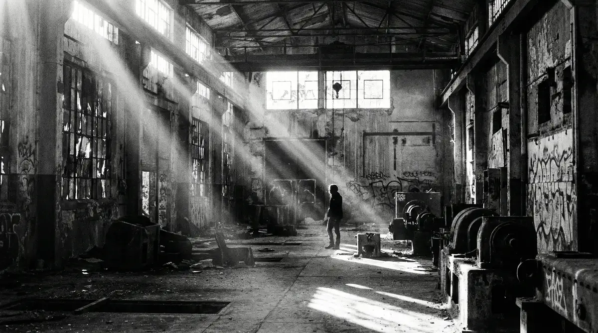 废弃工厂内部光线穿透窗户的纪实摄影